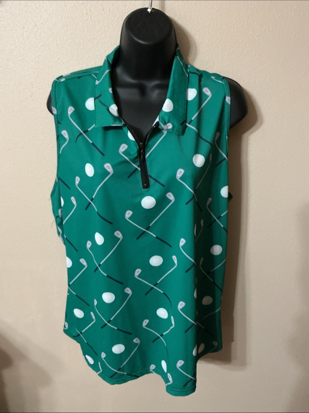 Sleeveless Golf Print Polo - Emerald Green & White